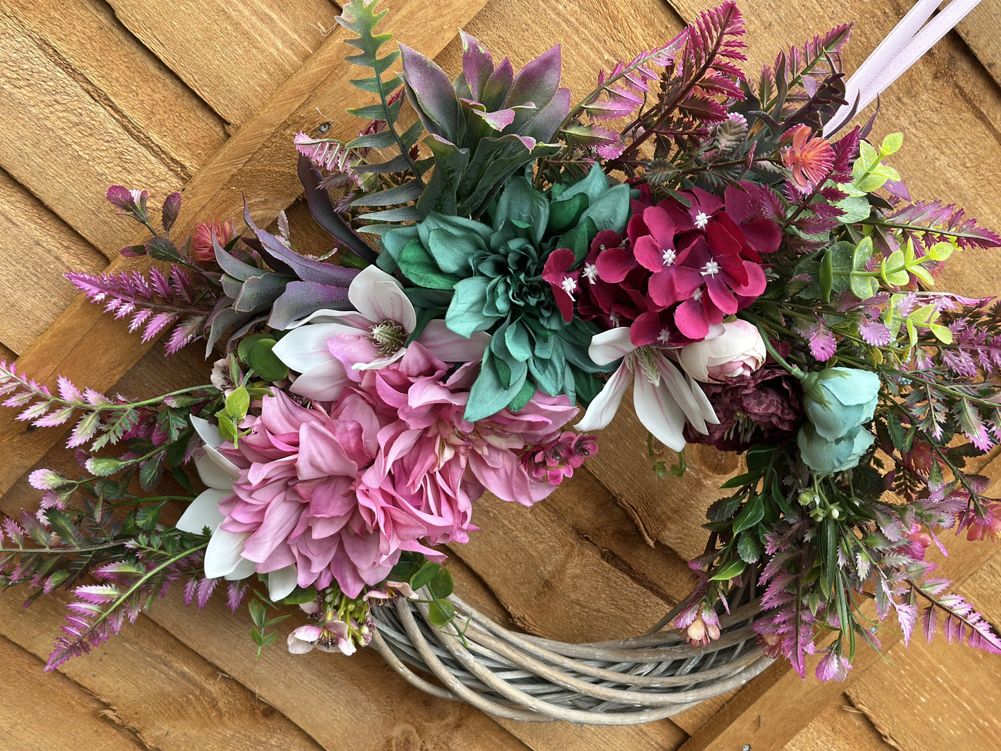 30 cm handmade floral wreath in vibrant pink, teal, and purple hues, perfect for UK home decoration