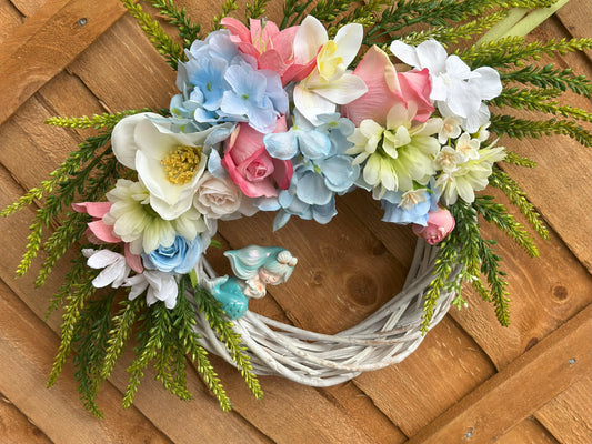 Handmade Sea Breeze Mermaid Wreath featuring a unique mermaid figurine and artificial flowers, perfect for coastal summer decor.