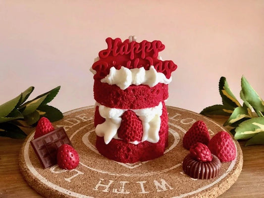 Handmade birthday cake candle with realistic whipped cream, berries, and 'Happy Birthday' topper – a perfect gift or party decoration, made from soy wax.